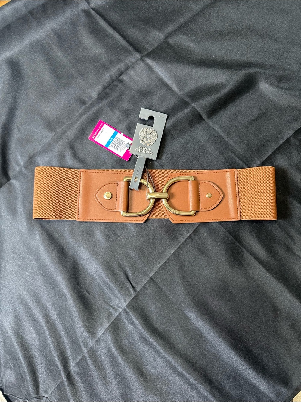 Vince Camuto Wide Elastic Belt in Cognac Brown